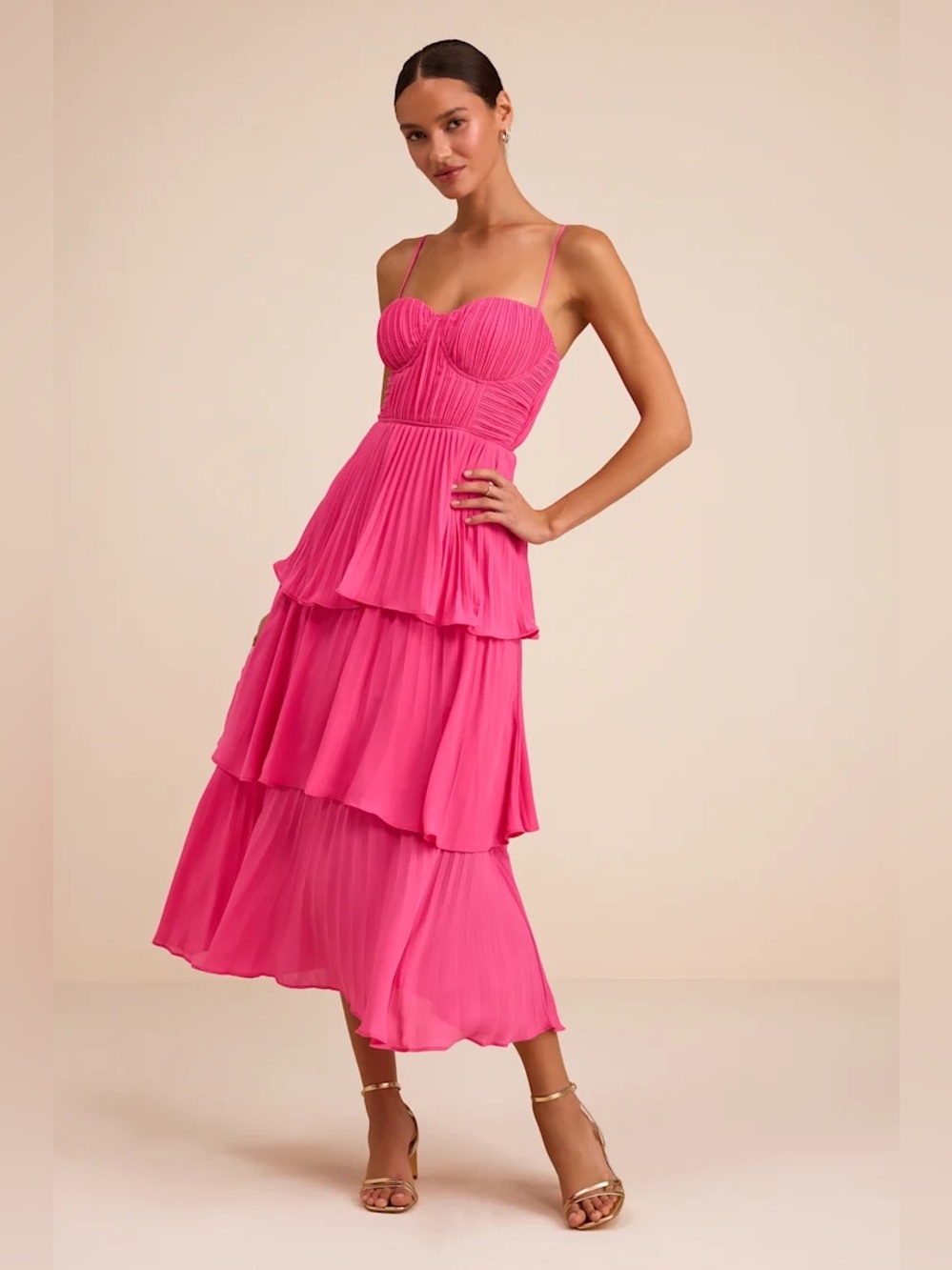 Lulu's Hot Pink Tiered Midi Dress with Spaghetti Straps